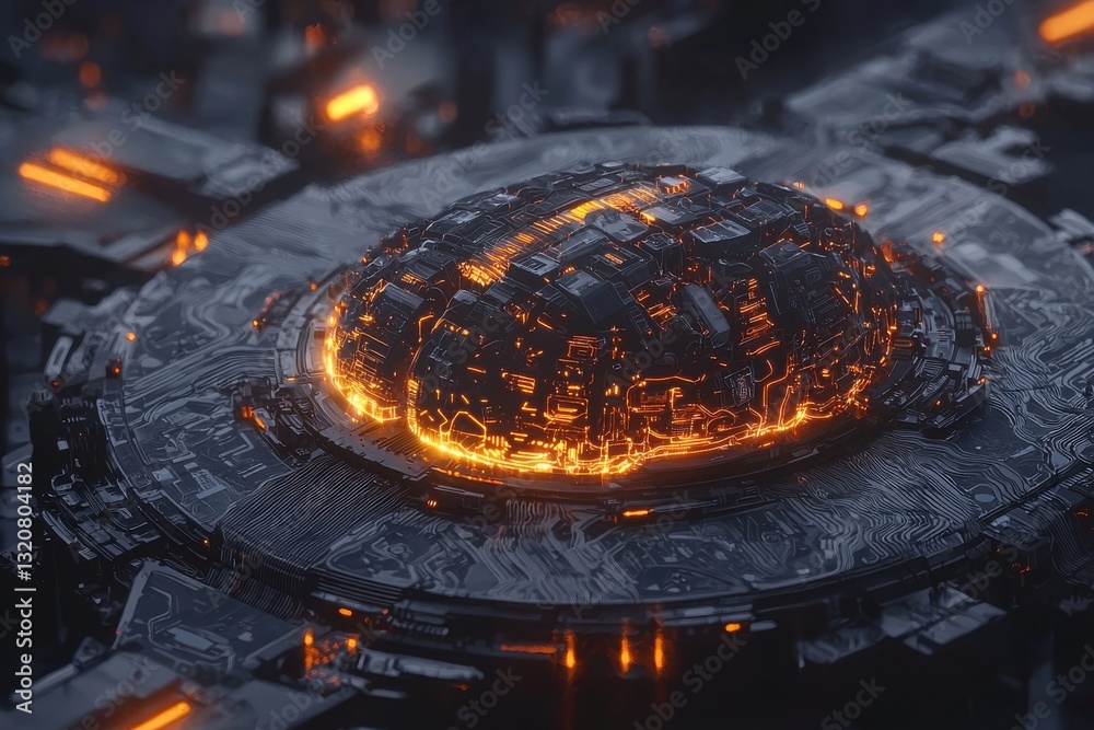 Poster a dark, futuristic brain-shaped device with glowing orange circuits, symbolizing artificial intellig