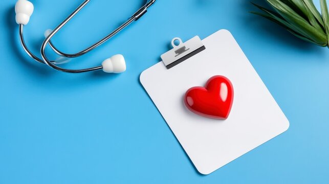Heart Shape Symbol on Clipboard with Stethoscope and Green Leaves