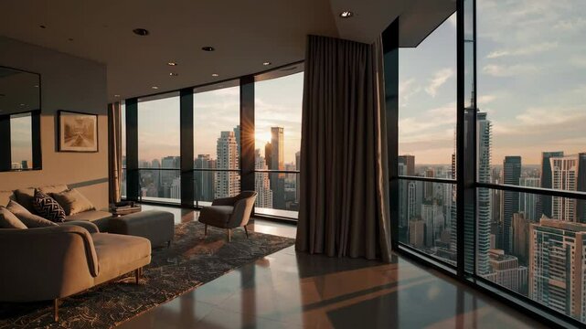 Modern highrise apartment with panoramic city views at sunset
