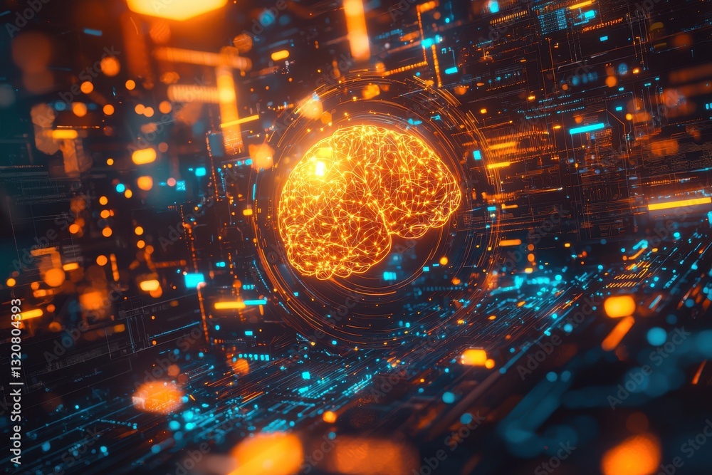 Poster a bright golden brain enclosed in a digital circuit background, representing ai, high-tech innovatio