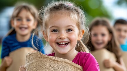 Happy children playing with sack race bags outdoors in summer