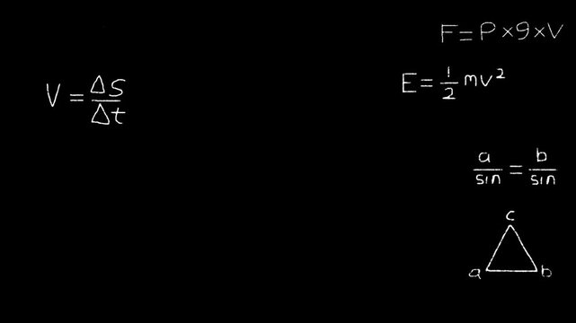 Matrix of handwriting math calculations functions equations formulas loop with chalk text effect motion background