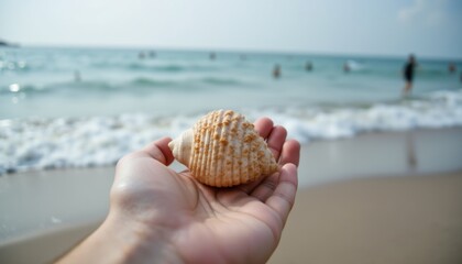 Hand Holding a Beautiful Seashell at the Beach with Ocean Waves in the Background
