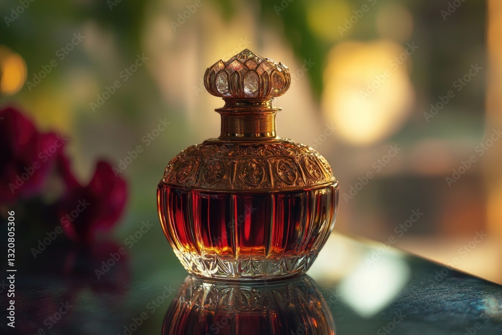 Aufkleber a perfume bottle sitting on a table with a simple background
