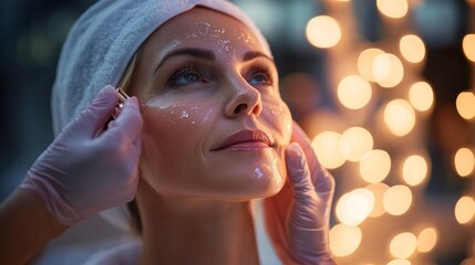 In a serene spa, a middle-aged woman receives a collagen boost facial as an experienced esthetician massages the rejuvenating product into her skin, enhancing her natural glow and relaxation