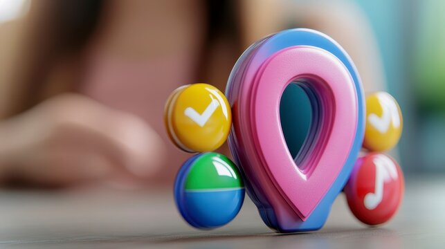 Colorful 3D location pin with playful icons for digital communication
