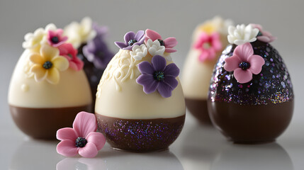 A set of Easter eggs filled with a creamy blend of dark and white chocolate ganache, decorated with colorful edible flowers and glitter for an extravagant, spring-inspired holiday treat.
