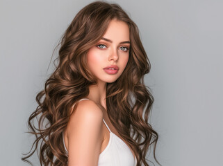 Naklejka premium Studio portrait of brunette lady indoor portrait. Gorgeous woman with make-up and long brown shiny hairstyle