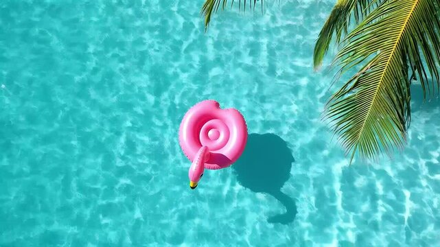 A vibrant pink flamingo float rests in crystal-clear turquoise water under swaying palm trees