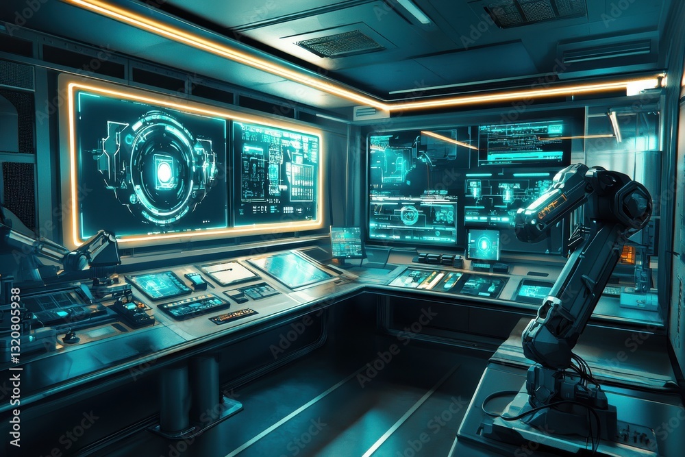 Poster futuristic command center with robotic arms and multiple screens displaying complex data, representi
