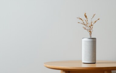 Dried Plant in Music-Note Decorated Cylinder on Wooden Table