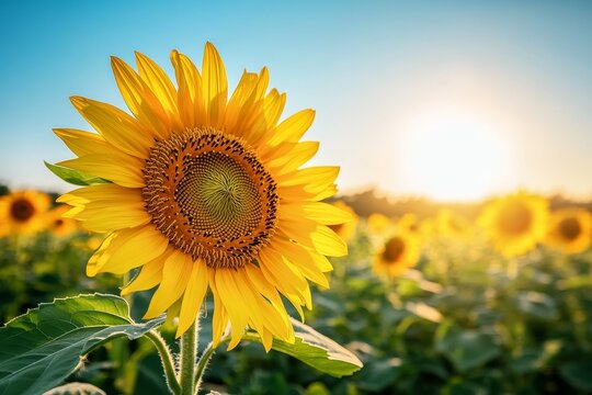 Bright sunflower in field at sunset