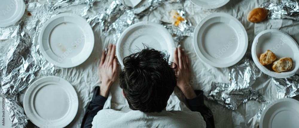 Poster a person sits at a table with prepared plates of food, ideal for use in editorial or commercial cont