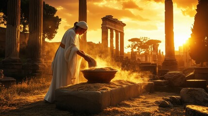 Ceremonial harvest offering at dawn during Cerealia festival, Roman priestess in white robes placing wheat sheaves on stone altar, golden morning light, ancient Rome