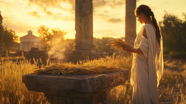 Ceremonial harvest offering at dawn during Cerealia festival, Roman priestess in white robes placing wheat sheaves on stone altar, golden morning light, ancient Rome