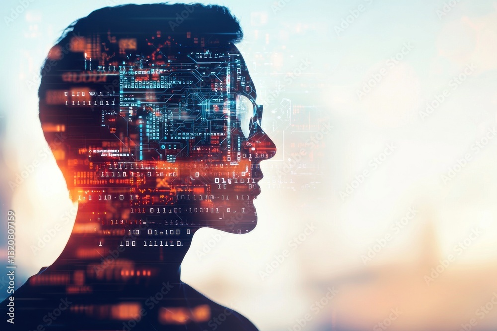 Poster a profile of a man overlaid with binary code and circuitry, symbolizing the fusion of human intellig