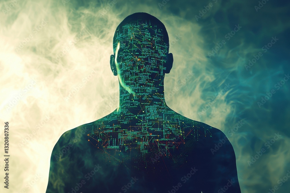 Poster abstract human figure with digital circuit patterns and smoky background, representing artificial in