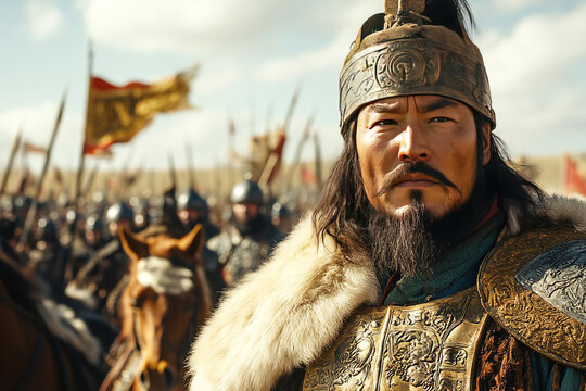 Genghis Khan leading the Mongolian army across the steppe during a historic moment