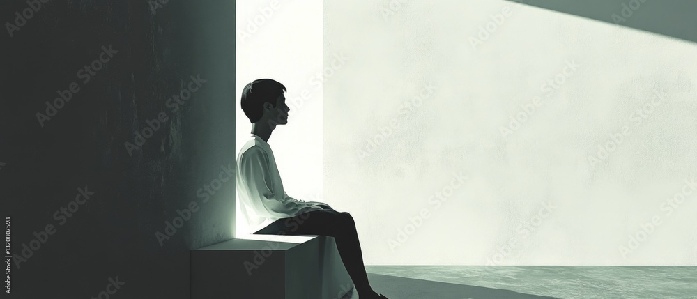 Aufkleber a person sitting on a ledge, gazing out the window with contemplative expression