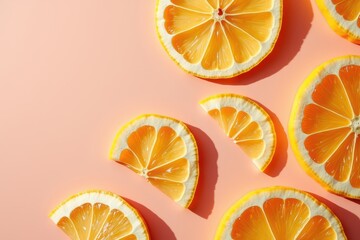 Fresh juicy lemon slices on pastel pink background with vibrant colors and summer vibes