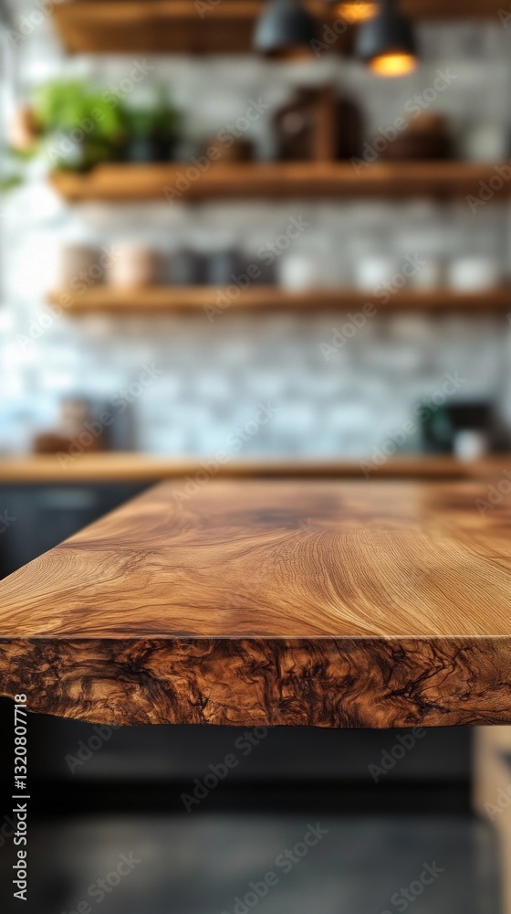 Aufkleber displaying the intricate grain of a handcrafted wood table top, this kitchen atmosphere blends rusti