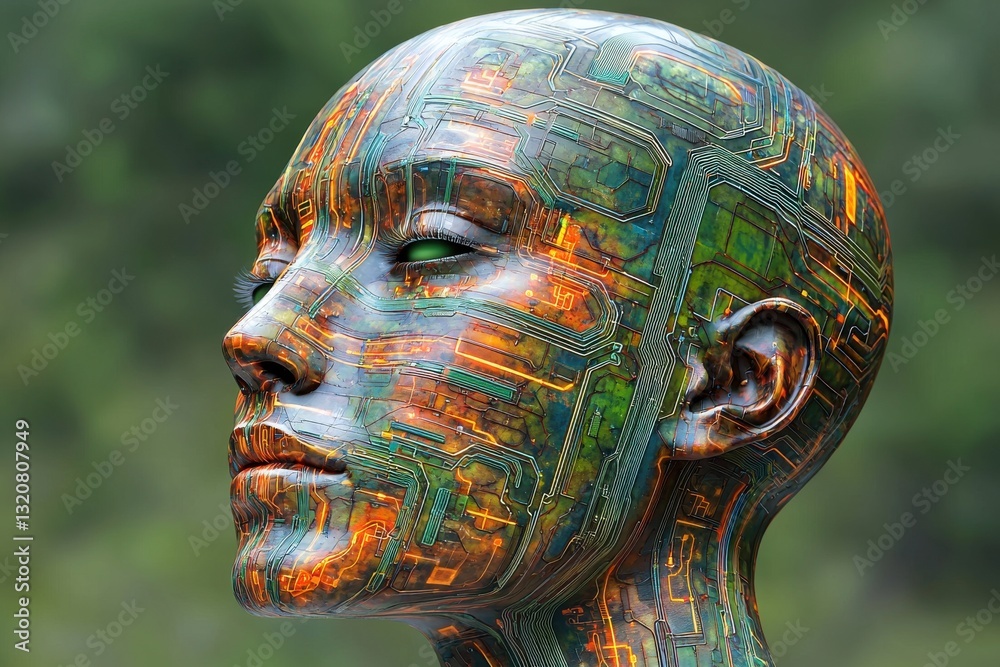 Poster a futuristic android face with intricate circuit patterns, displaying advanced artificial intelligen