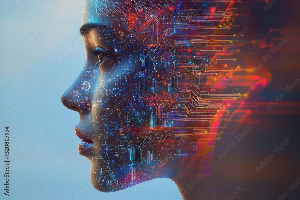 Poster a digital representation of human intelligence using circuit boards embedded within face, showcasing