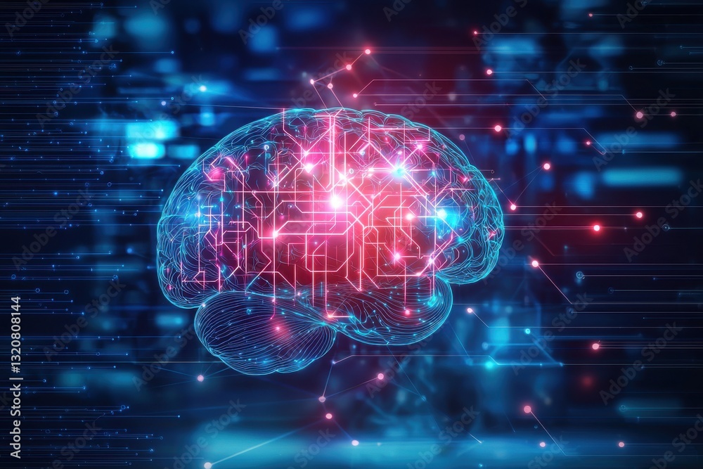 Poster a futuristic brain design, symbolizing artificial intelligence, cognitive function and advanced comp