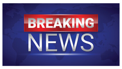 Set illustration of high-quality digital graphic displaying a "Breaking News" banner with bold red and white text over a blue background featuring a subtle world map design. Ideal for news broadcasts