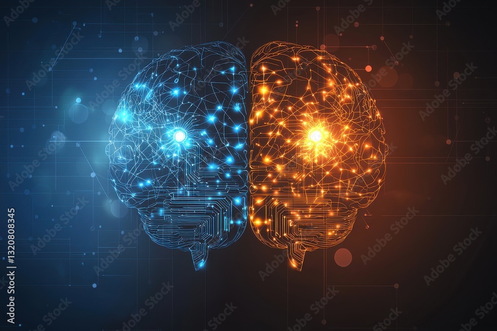 Poster abstract representation of human brain with left analytical side and right creative side connected w