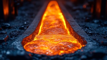 Bright molten metal streams through a casting channel in an industrial facility. Workers monitor the process ensuring quality for steel and aluminum manufacturing.