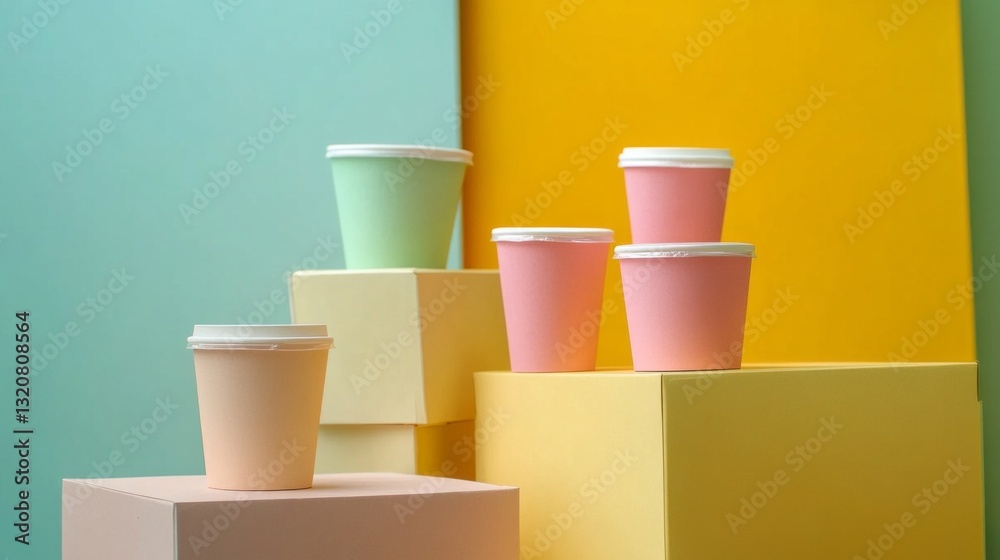 Aufkleber various cups in soft pastel shades are creatively arranged on geometric blocks, showcasing a blend o