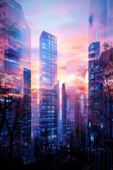 Obraz premium A futuristic cityscape at sunset, where the sky shimmers in shades of pink, orange and purple. In the foreground are abstract silhouettes of trees with holographic leaves that shimmer in the light.