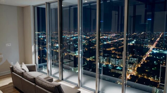 Panoramic night cityscape from highrise living room with expansive floortoceiling windows