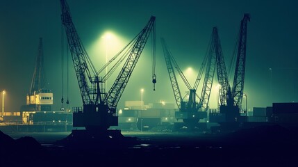 Fototapeta premium A beautifully composed image of a nighttime shipping yard, with cranes forming patterns against the dark sky.