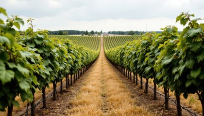 Lush Vineyard Rows in Scenic Landscape Under Cloudy Sky at Agricultural Estate