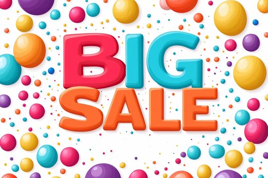 The text "BIG impressionable sale" is written in large letters on a white background, surrounded by colorful spheres of various sizes and colors.