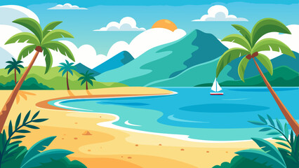 tropical beach with palm trees and sea illustration