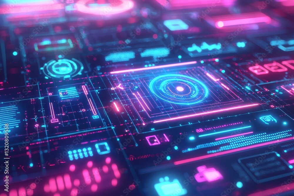 Poster an abstract, futuristic interface with glowing neon elements, data streams, and intricate circuitry 