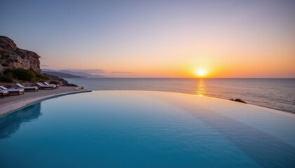 Obraz premium Serene Sunset Over Ocean with Infinity Pool and Relaxing Loungers by Coastal Landscape