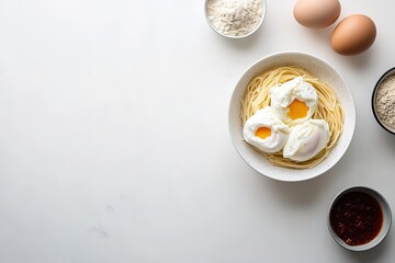 Fresh ingredients for spaghetti marinara with poached eggs arranged for flat lay presentation
