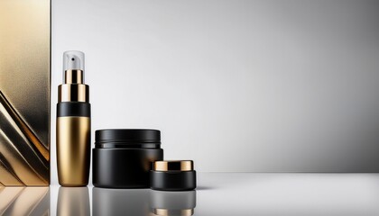 블랙과 골드 포인트의 럭셔리한 화장품 용기가 고급스러운 느낌을 주는 이미지