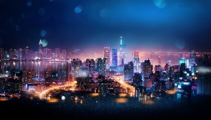 Obraz premium A vibrant city skyline illuminated at night, showcasing towering skyscrapers and winding roads under a blue-tinged sky.