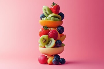 A decorative tower of vibrant fruits stacked against pink background