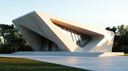 A large white building with a distinctive triangular roof, suitable for use in architectural or design contexts