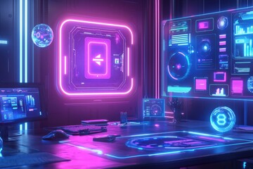 A high-tech workspace filled with interactive AI screens and floating holographic interfaces, merging innovative design with retro elements