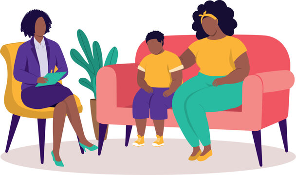 Plus Size Black Mother Bringing Her Depressed Little Son To See A Child Psychologist.