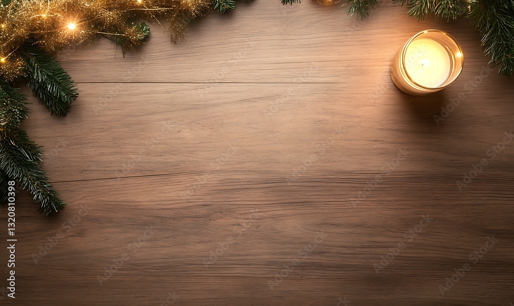Aufkleber festive setting with greenery and a glowing candle on a wooden surface.