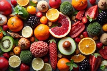 Colorful assortment of fresh tropical fruits, citrus, berries, and exotic produce in vibrant composition