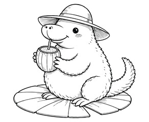 Platypus with Sunhat Floating on Lily Pad Coloring Page
